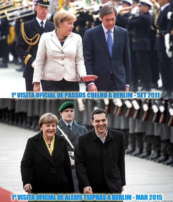 Fotos da primeira visita oficial a Berlim do PM português, em setembro de 2011 e a do PM grego esta semana. Descubra as diferenças!